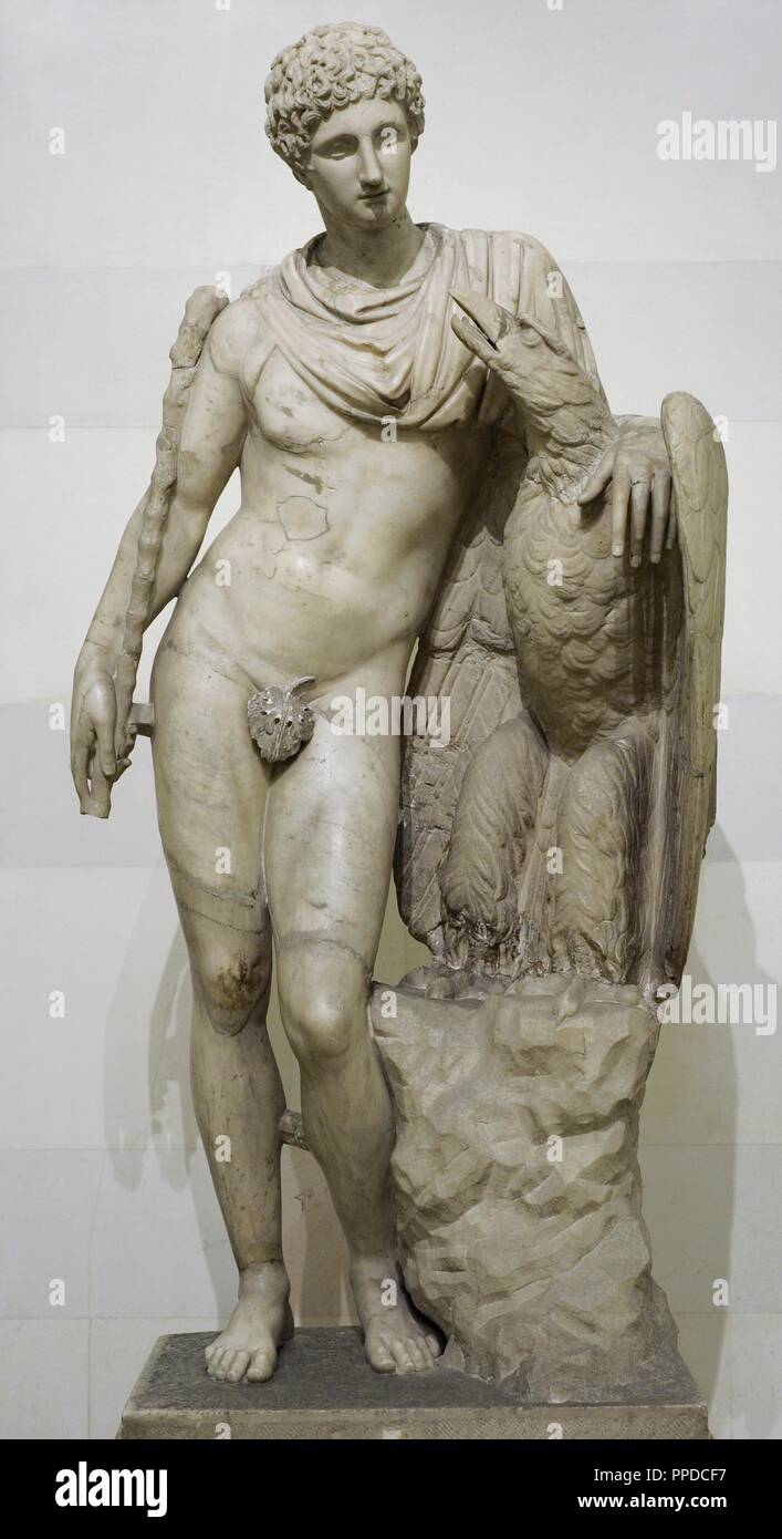 Ganymede with the Eagle. Roman, after Greek original from the Praxiteles school of 3rd century BC. Statue. Marble. The State Hermitage Museum. Saint Petersburg. Russia. Stock Photo