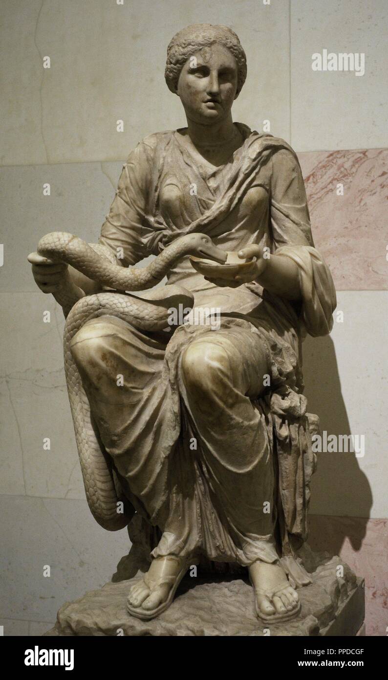 Statue of Hygieia. Daughter of the god of medicine, Ascelpius. Goddess and personification of health. Roman, after Greek original of 3rd century B.C. Marble. The State Hermitage Museum. Saint Petersburg. Russia. Stock Photo