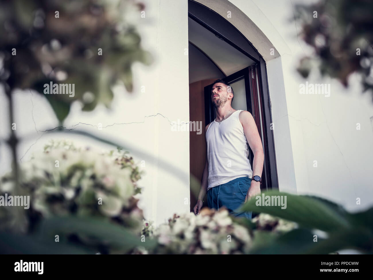Young man with beard standing in the window frame with white shirt surrounded by vegetation Stock Photo