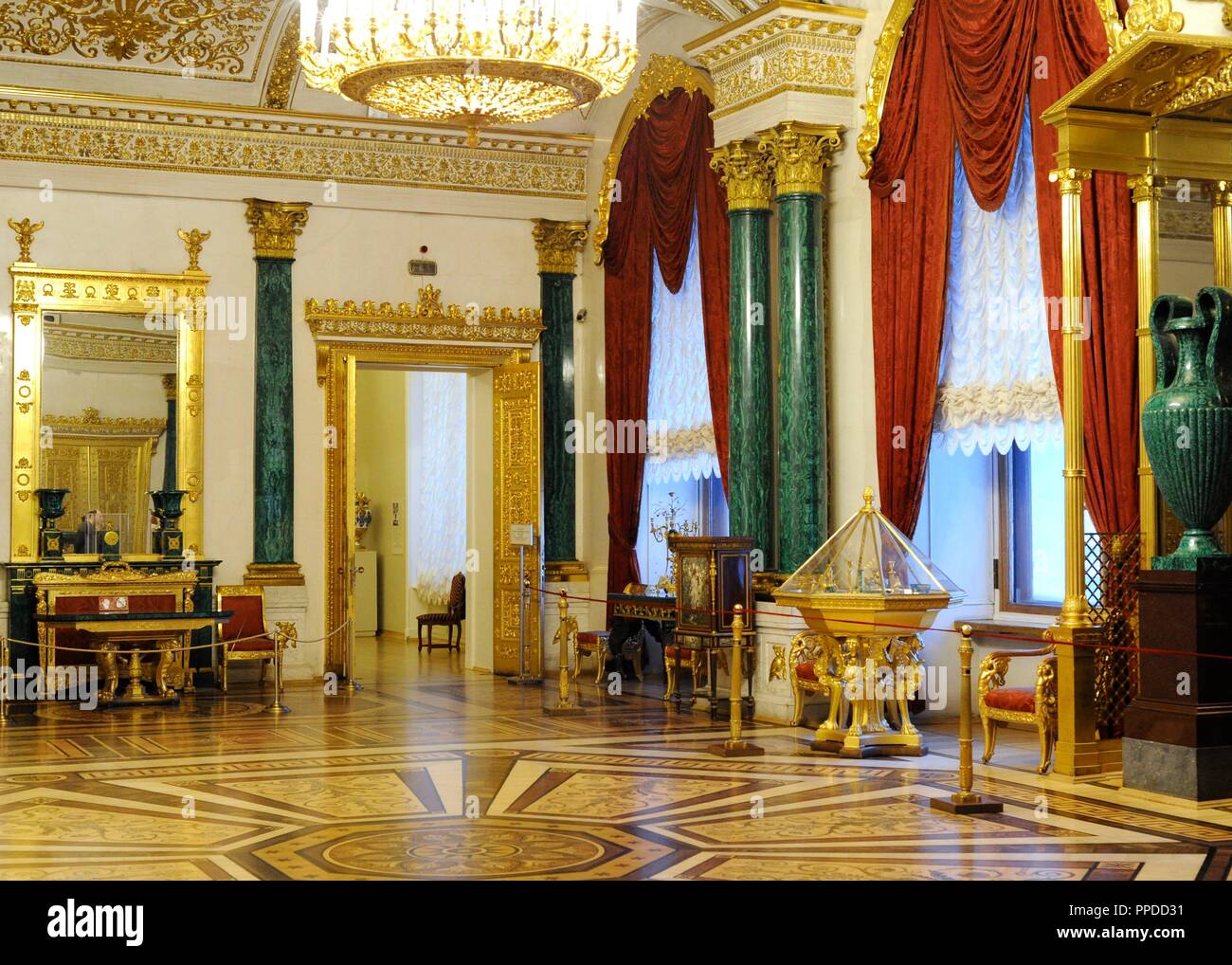 The State Hermitage Museum. Winter Palace. The malachite room. By Alexander Briullov, 1839. Saint Petersburg. Russia. Stock Photo