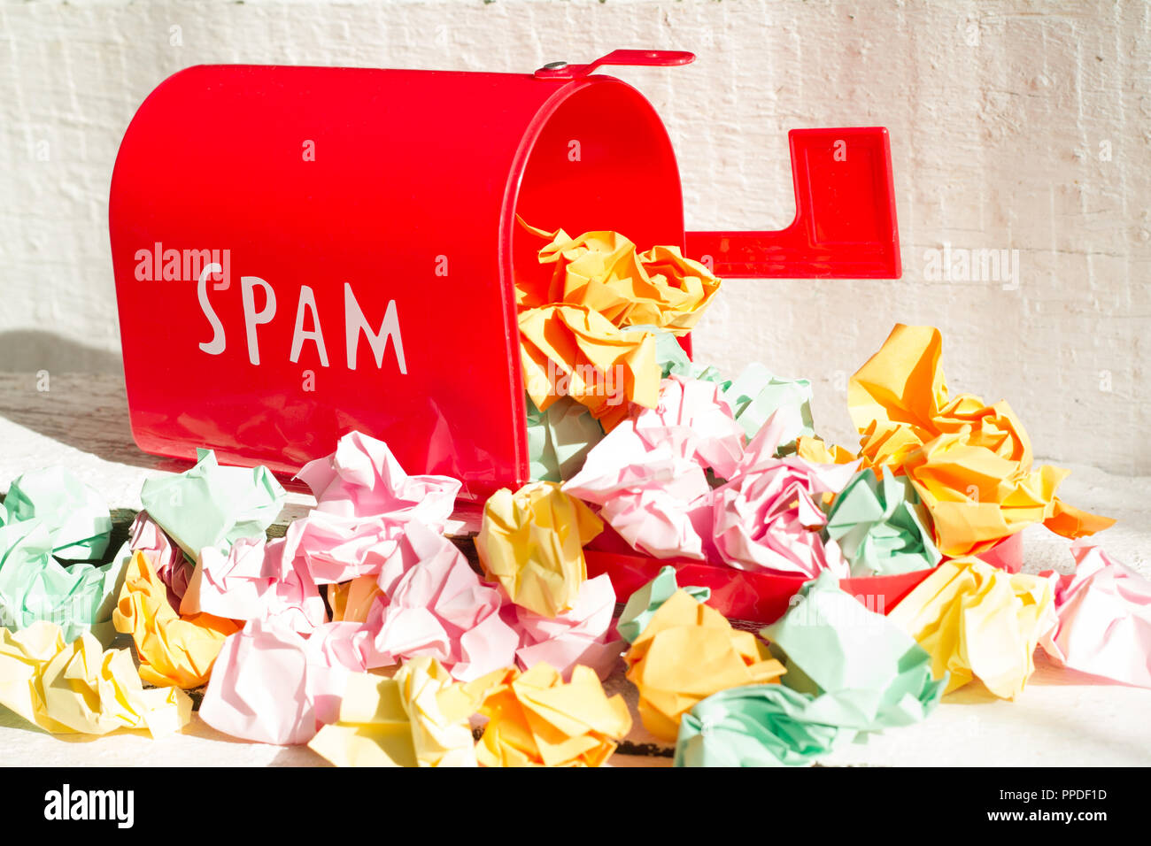 Full red mailbox of spam problem abstract on white background Stock Photo