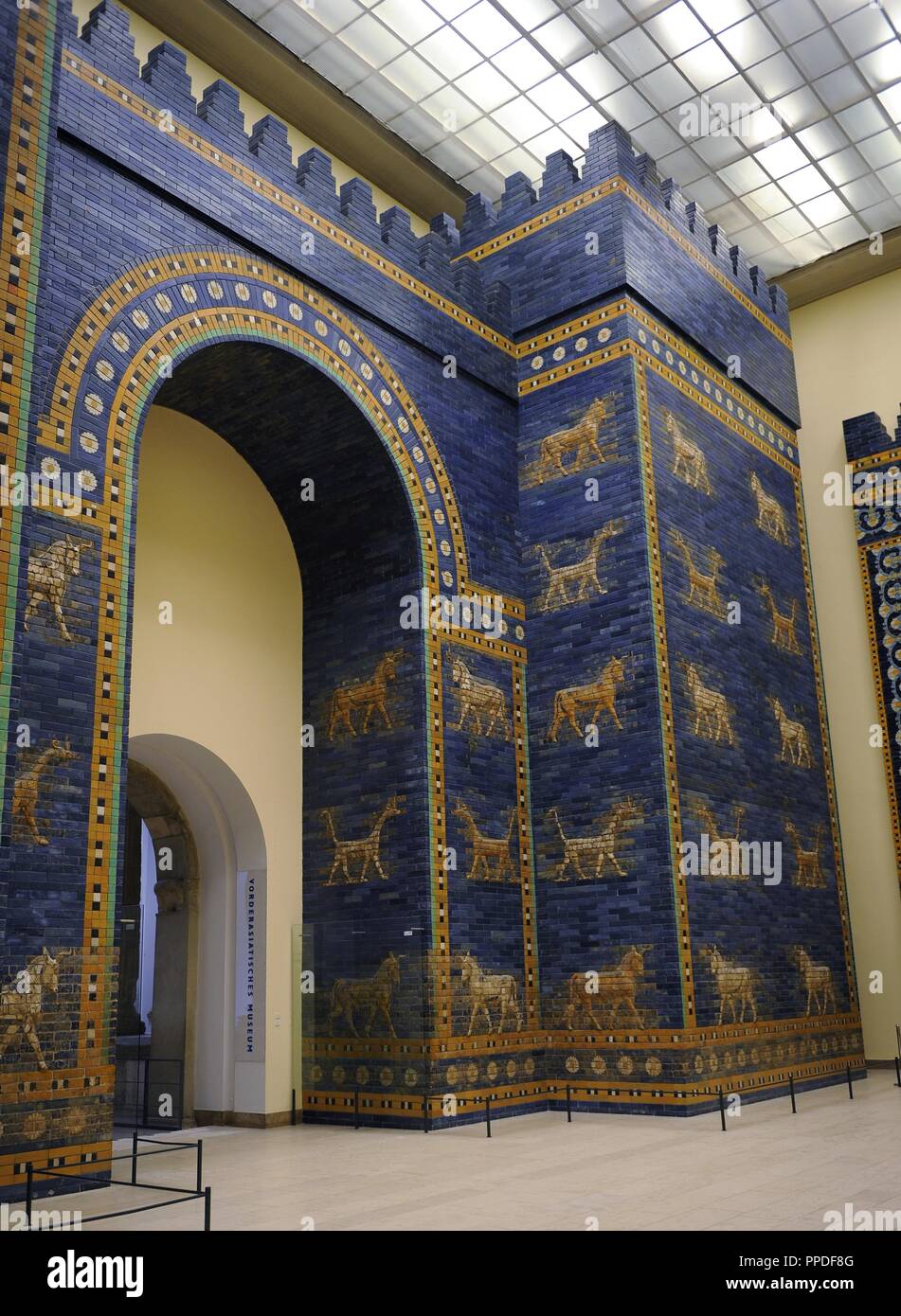 Mesopotamian art. Neo-Babylonian. Ishtar Gate, one of the eight gates of the inner wall of Babylon. Built in the year 575 B.C. during the reign of Nebuchadnezzar II (604-562 BC) using glazed blue brick with alternating rows of basrelief with dragons mushussu, also called sirrush, and aurochs. It was dedicated to the Babylonian goddess Ishtar. Rebuilt in 1930. Pergamon Museum. Berlin. Germany. Stock Photo