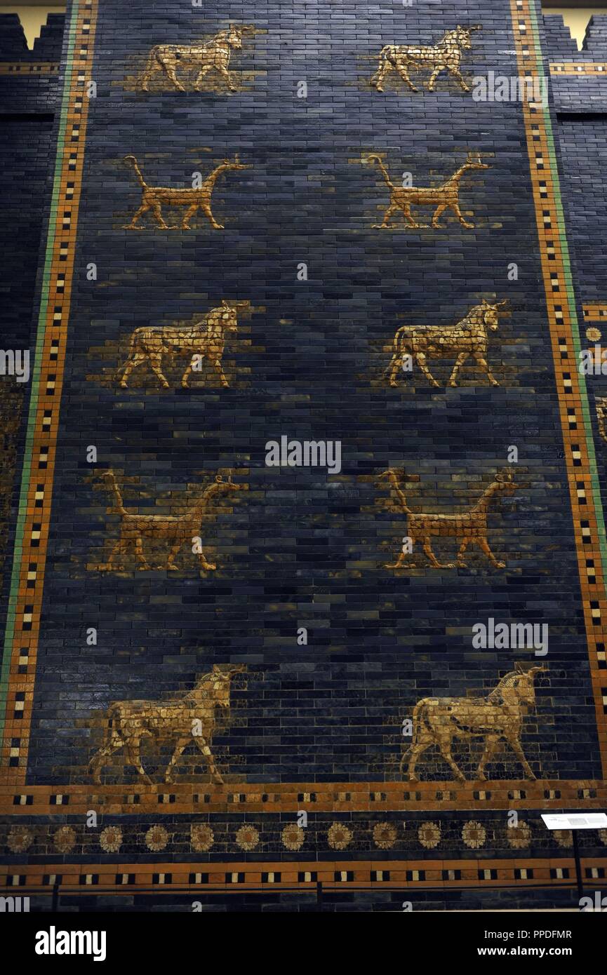 Ishtar Gate. The eight gate of the inner wall of Babylon. Built in 575 BC by order to Nebuchadnezzar II. Reconstructed in 1930. Detail. Pergamon Museum. Berlin. Germany. Stock Photo