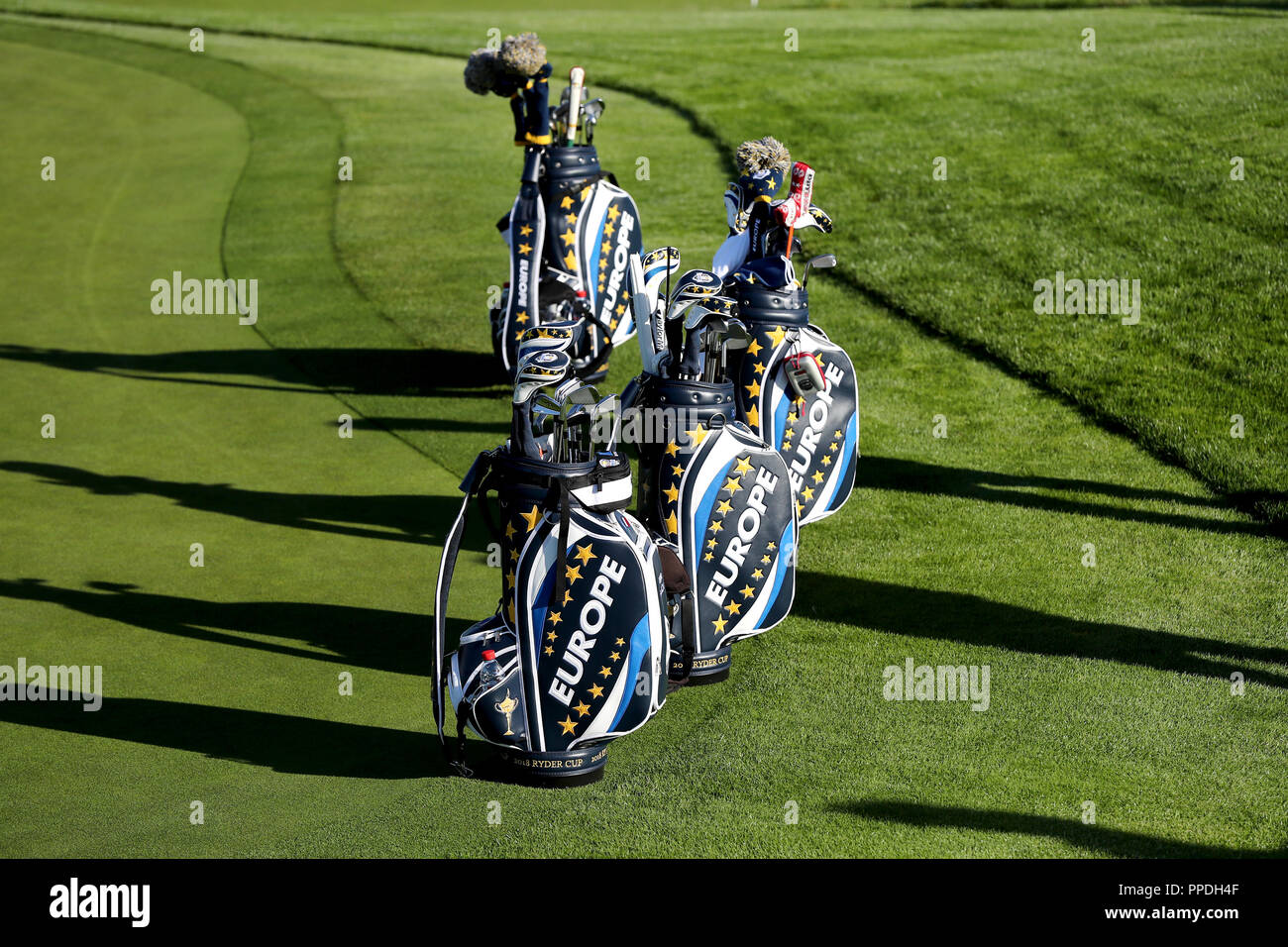 Team Europe golf club bags during preview day two of the Ryder Cup at Le Golf National, Saint-Quentin-en-Yvelines, Paris. Stock Photo