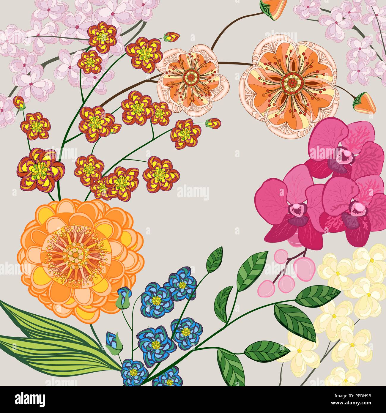 Background with flowers and leaves. Vector illustration greeting card ...