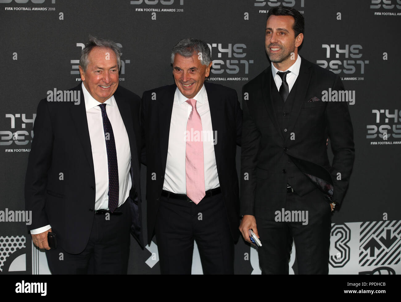 Gerard Houllier (left), David Dein (centre) and Edu Gaspar the Best FIFA Football Awards 2018 at the Royal Festival Hall, London. PRESS ASSOCIATION Photo. Picture date: Monday September 24, 2018. See PA story SOCCER Awards. Photo credit should read: Tim Goode/PA Wire Stock Photo