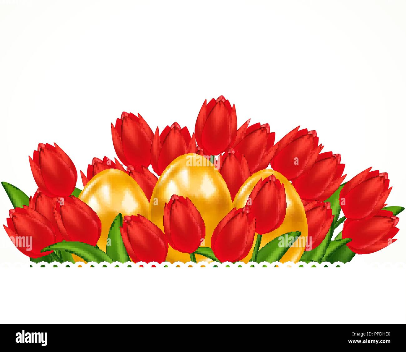 Scarlet tulips and Easter eggs. Easter card. Stock Vector