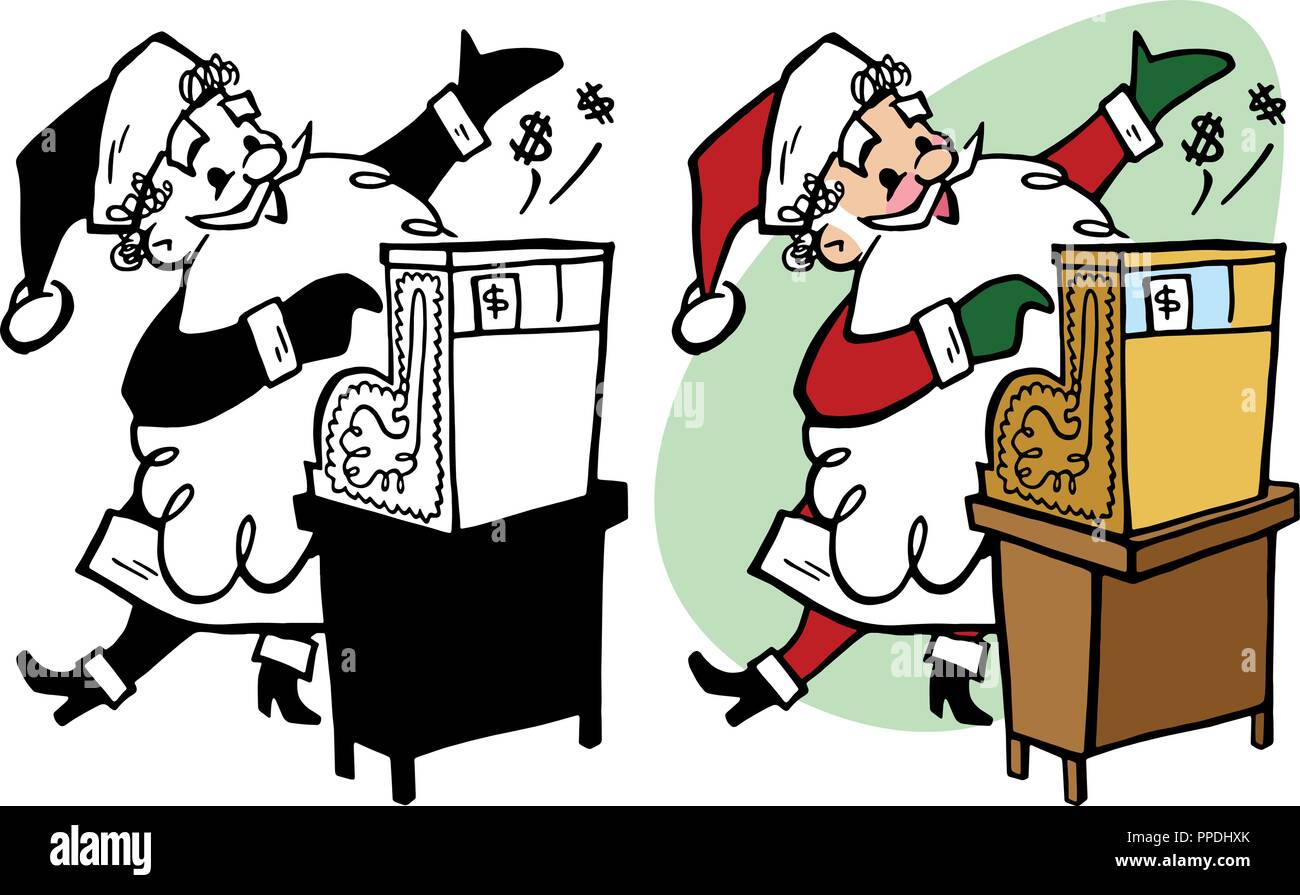 Santa Claus ringing up Christmas holiday sales on a cash register. Stock Vector