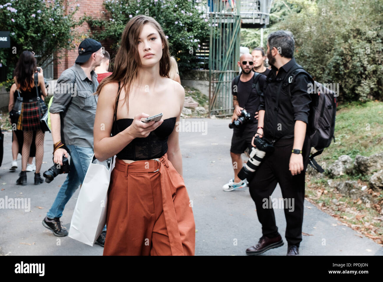 Milan, Italy, 22nd Sep. 2018: Grace Elizabeth after the Philosophy di Lorenzo Serafini fashion show during Milan Fashion Week Spring/Summer 2019 Stock Photo