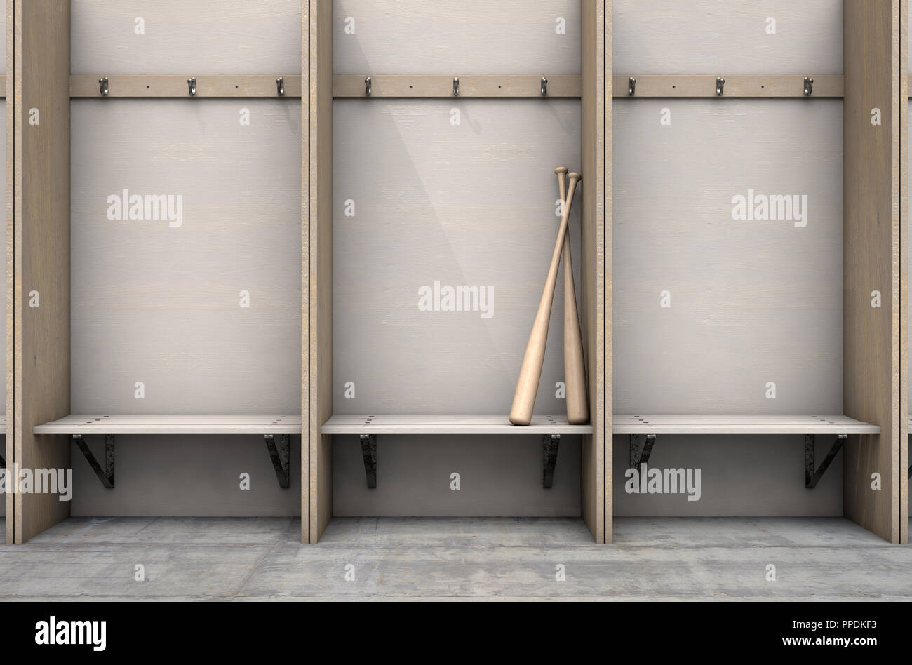 Two baseball bats in a wooden cubicle with a bench and hangers in a ...