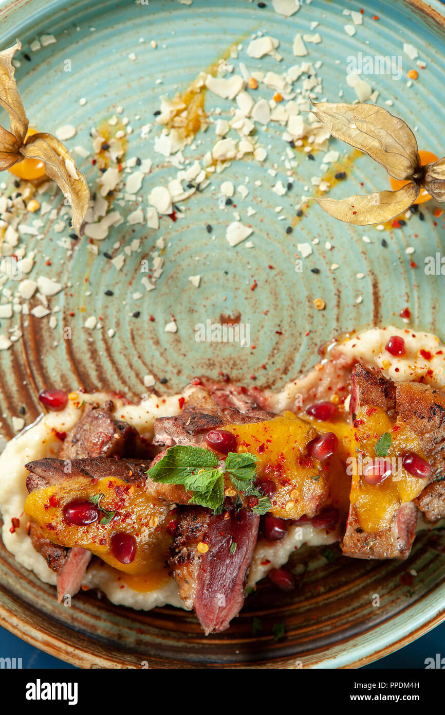 Fine dining design in restaurant. Duckbreast gastronomy Stock Photo - Alamy