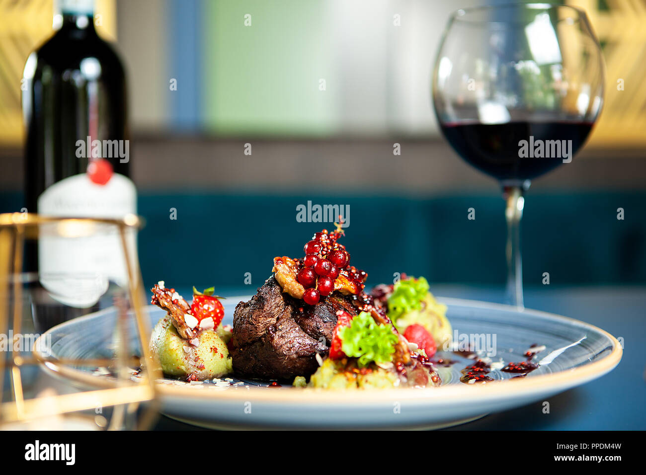 Fine dining Grilled steak with vegetables in restaurant, Professional ...