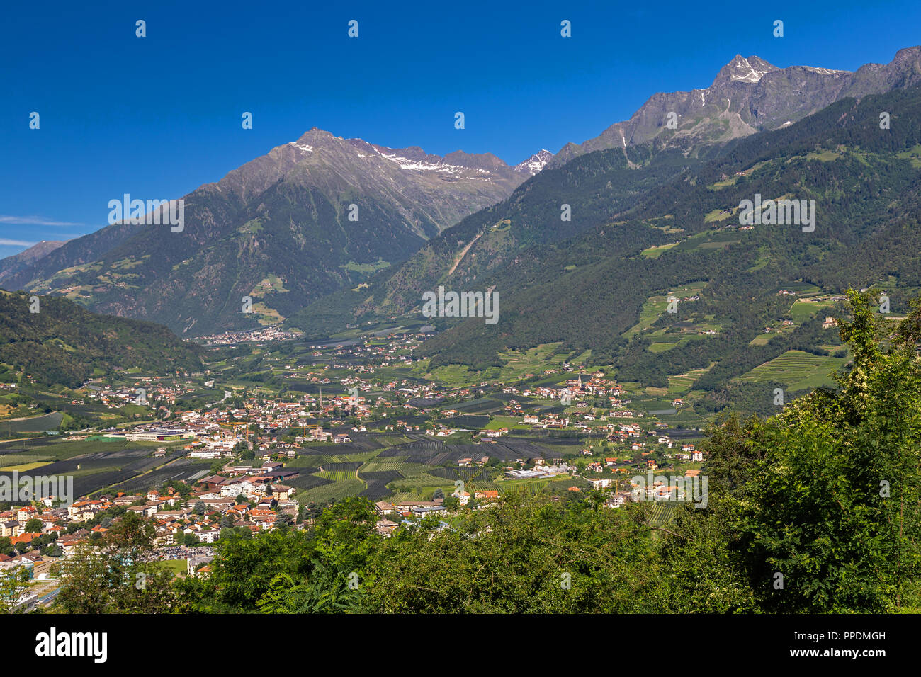 View from Tyrol village into Vinschgau valley, Meran, South Tyrol Stock Photo