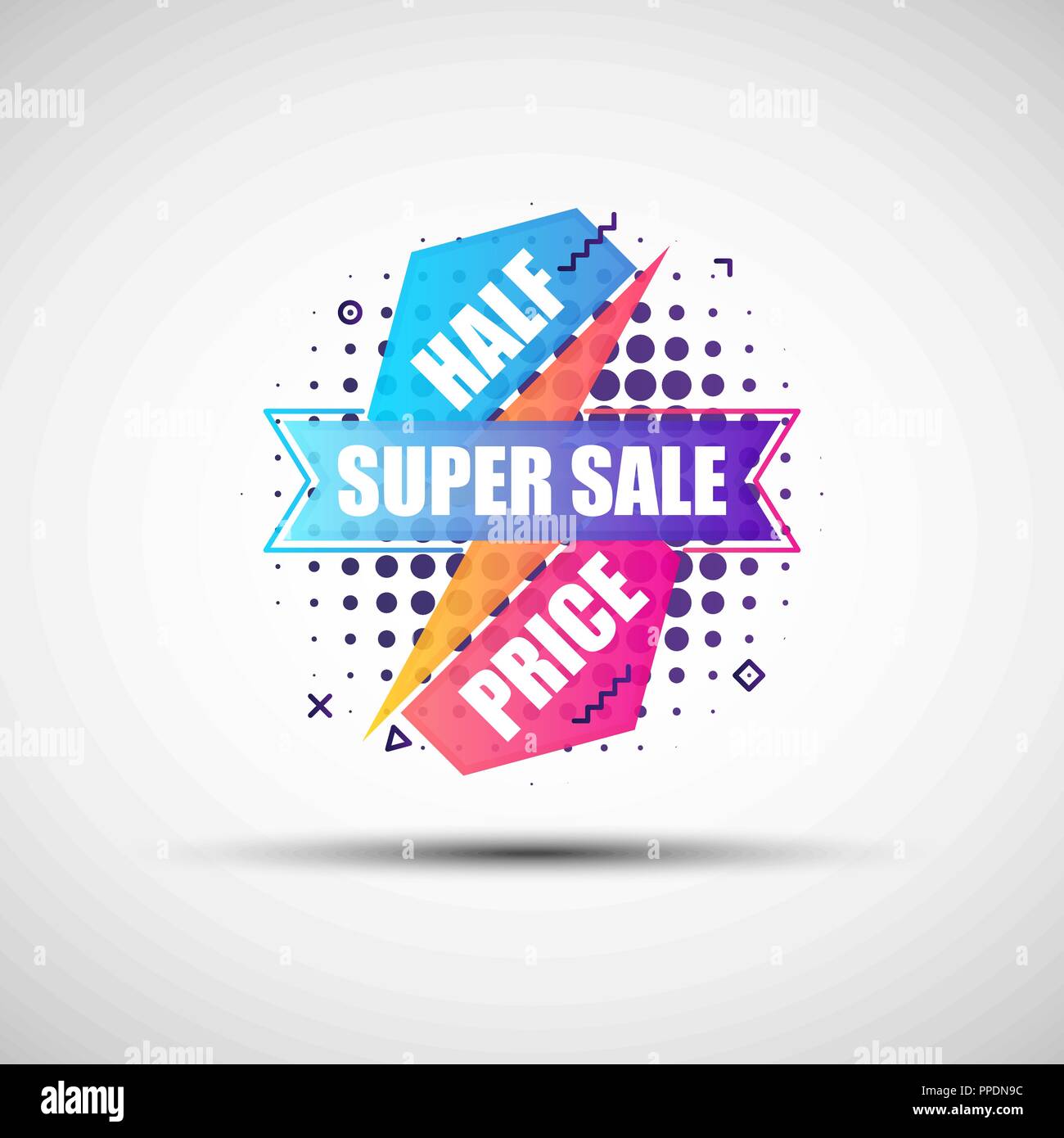 Modern geometric gradient sale banner. Vector illustration of abstract colorful half price super sale banner made of different simple shapes Stock Vector
