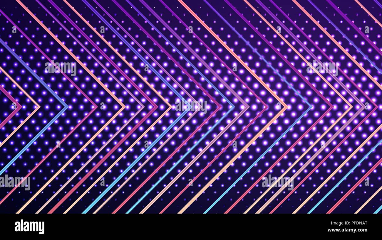 Modern abstract geometric arrow wall background. Gradient lines with glowing dots halftone pattern over violet background for your design Stock Vector