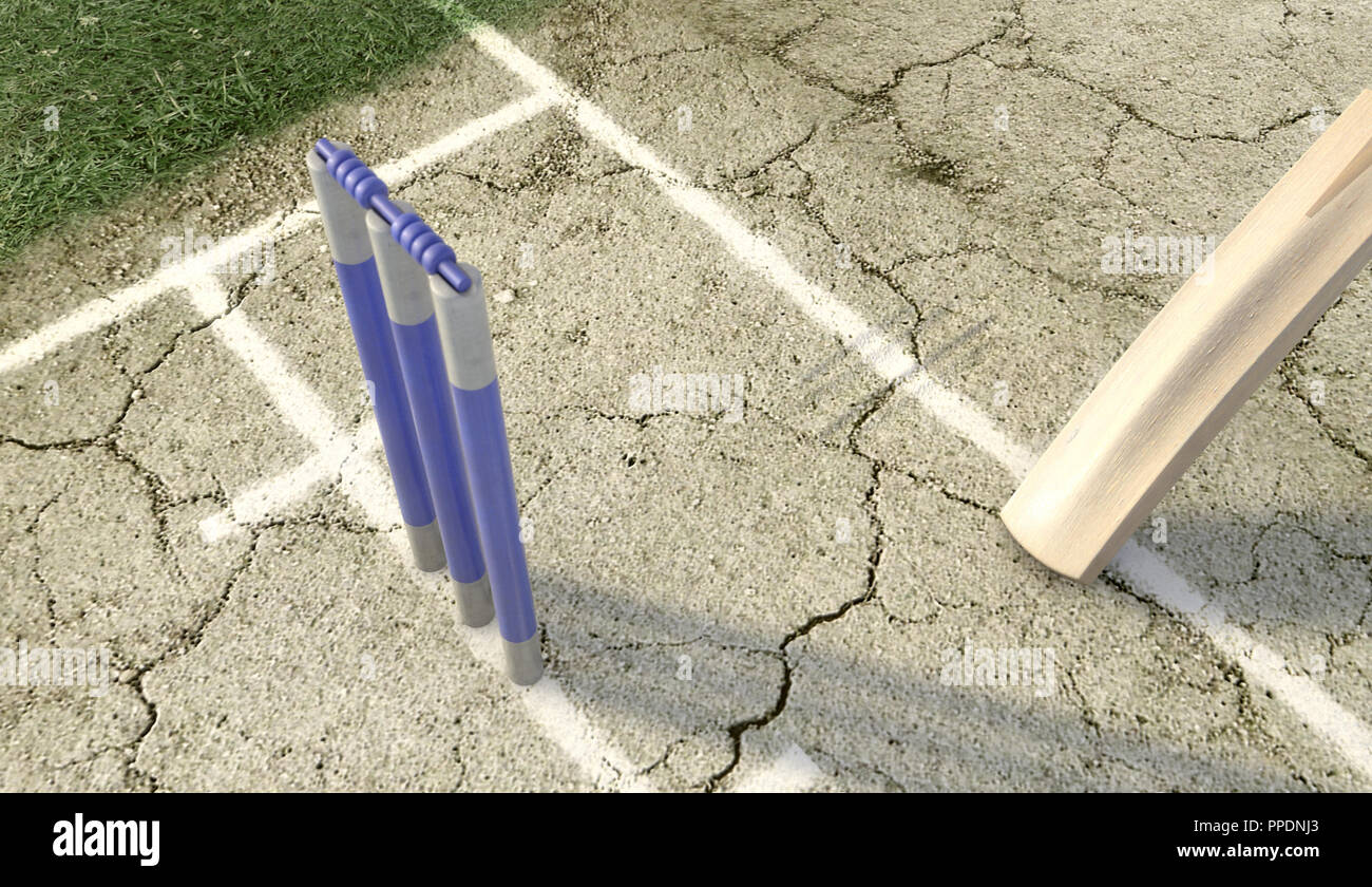 A tip of a cricket bat sliding over the crease on a cracked grass pitch background - 3D render Stock Photo