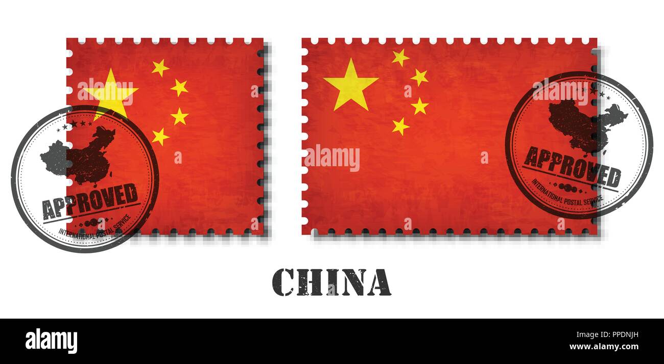 China or chinese flag pattern postage stamp with grunge old scratch texture and affix a seal on isolated background . Black color country name with ab Stock Vector