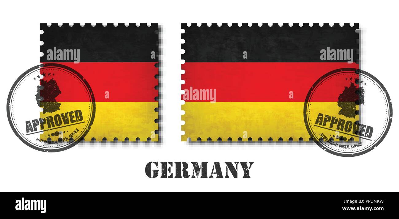 Germany or german flag pattern postage stamp with grunge old scratch texture and affix a seal on isolated background . Black color country name with a Stock Vector