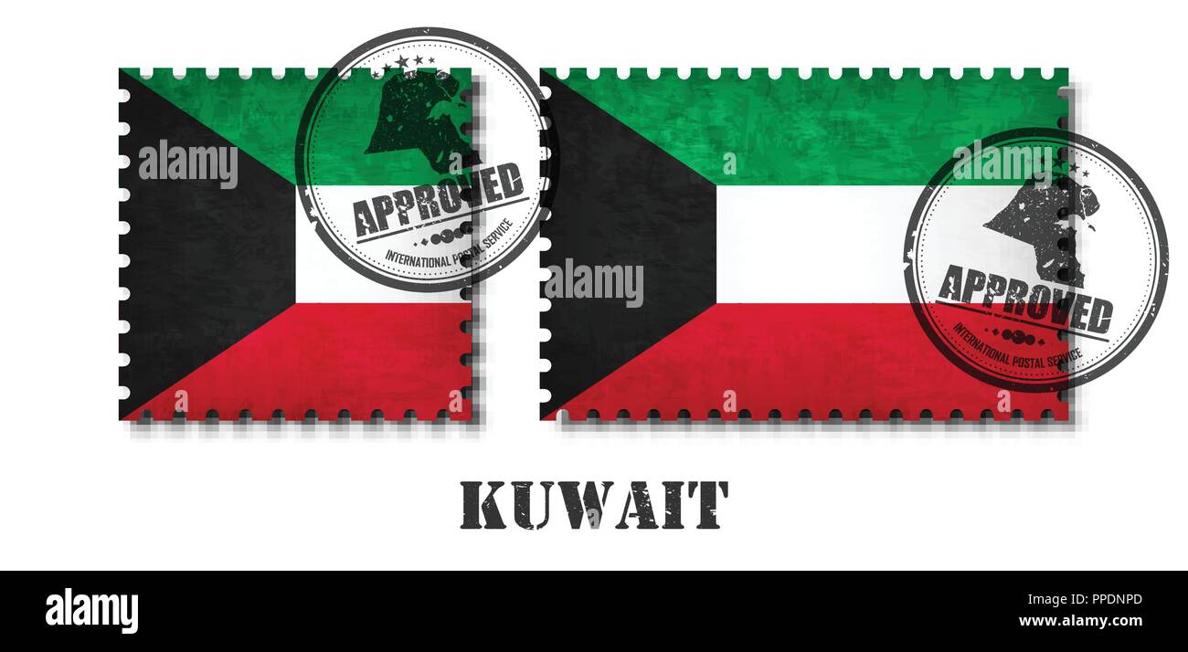 Kuwait flag pattern postage stamp with grunge old scratch texture and affix a seal on isolated background . Black color country name with abrasion . S Stock Vector