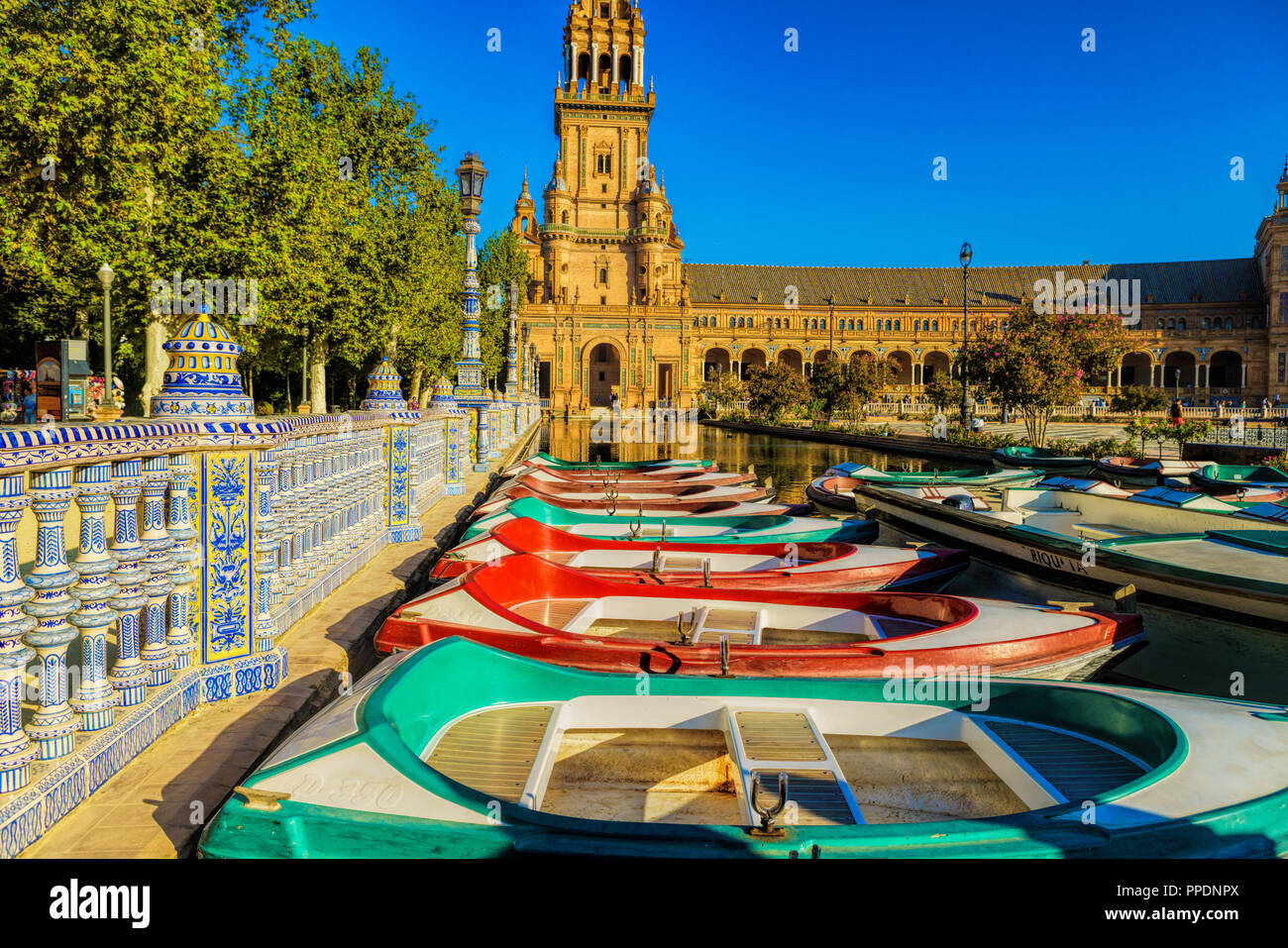 The Plaza de Espana, Seville, Spain built for the Ibero-American Exposition of 1929. It is a landmark example of the Renaissance Revival style in Span Stock Photo