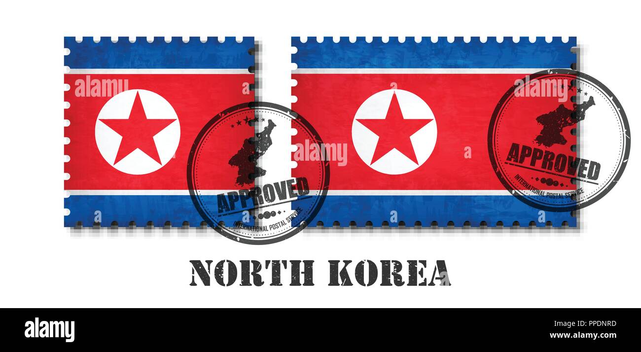 North korea flag pattern postage stamp with grunge old scratch texture and affix a seal on isolated background . Black color country name with abrasio Stock Vector