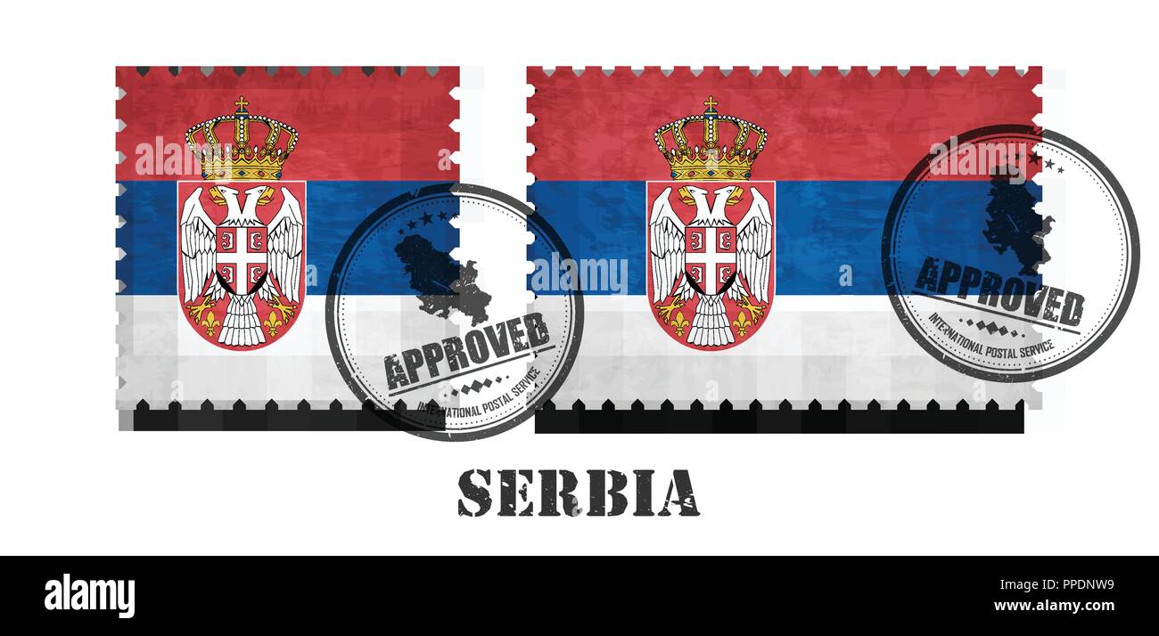 Serbia or serbian flag pattern postage stamp with grunge old scratch texture and affix a seal on isolated background . Black color country name with a Stock Vector