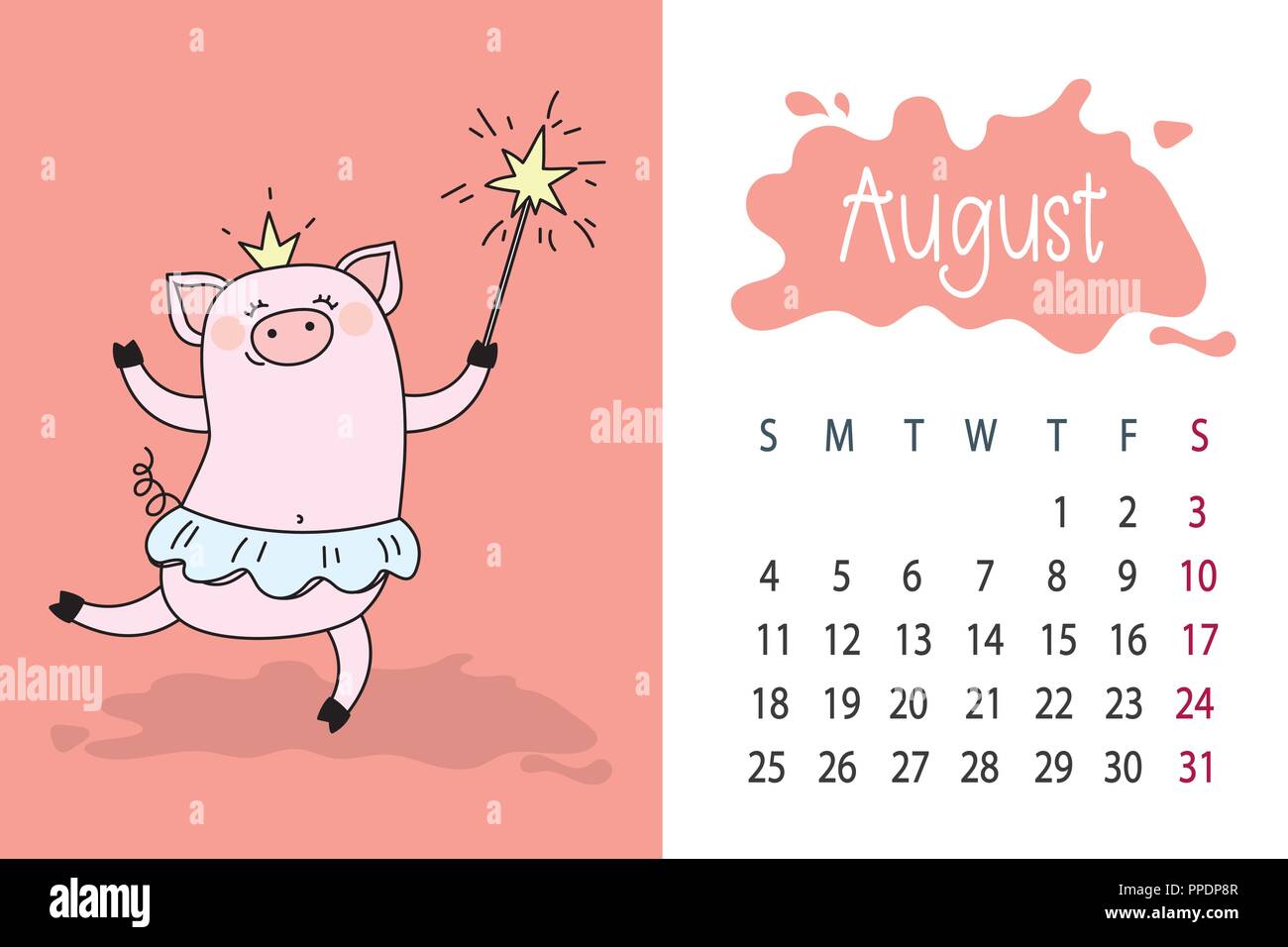 August month 2019 year calendar page with cute pink pig Stock Vector Image  & Art - Alamy