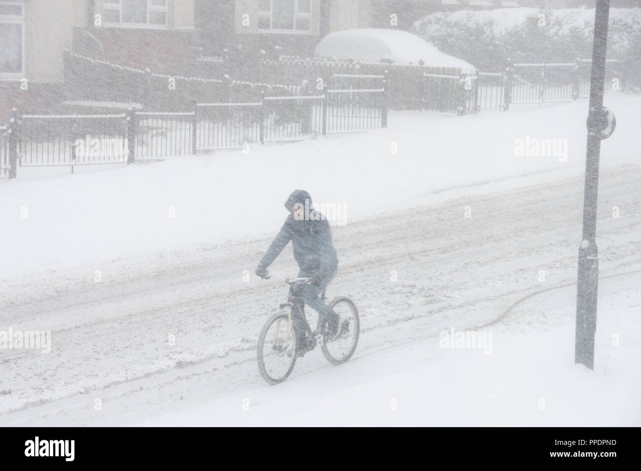 Sheffield, UK – 28 Feb 2018: Teenage boy struggles to cycle through a blizzard as The Beast from the East grips Sheffield in freezing Winter snow on 2 Stock Photo