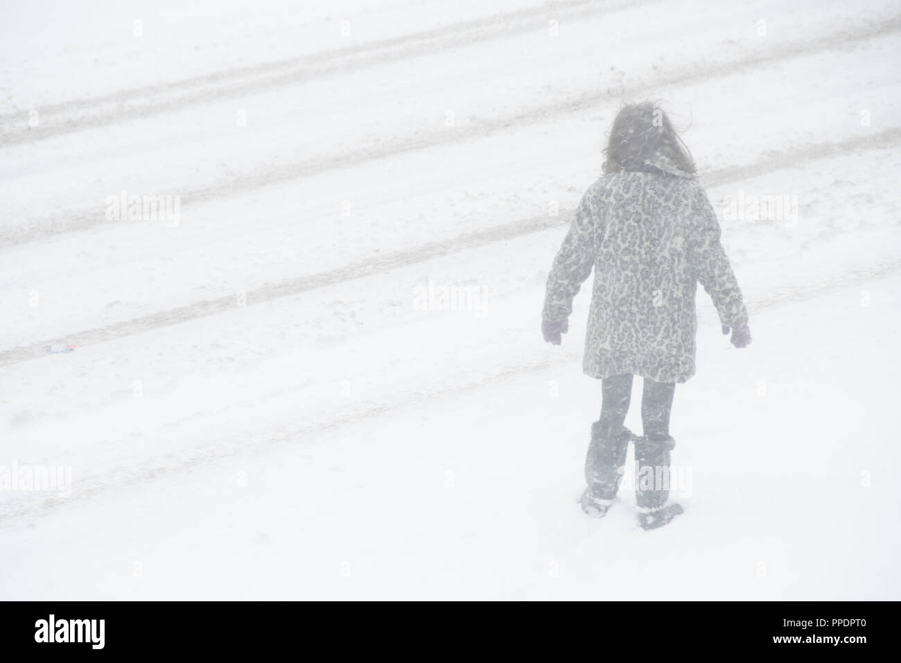 Sheffield, UK – 28 Feb 2018: Playing in the snow: young girl alone outdoors as The Beast from the East grips Sheffield in freezing Winter weather on 2 Stock Photo