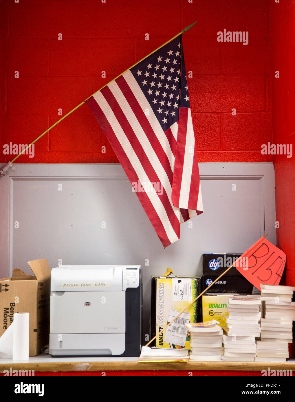 An American flag in a classroom in Glen Rock, NJ Stock Photo