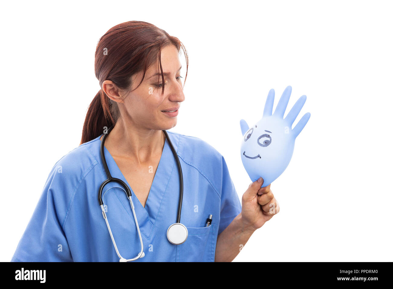 Friendly female pediatrician nurse looking at smiling latex glove isolated on white background Stock Photo