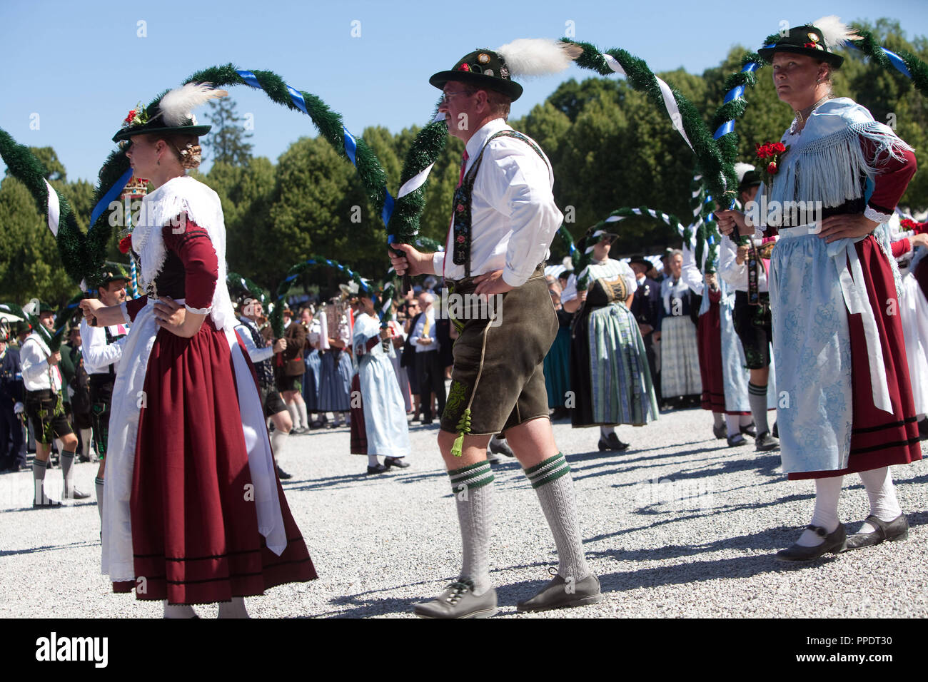 Folk dancers at the reception of His Royal Highness Franz Duke of Bavaria on the occasion of his 80th birthday in Schleissheim Palace. Stock Photo