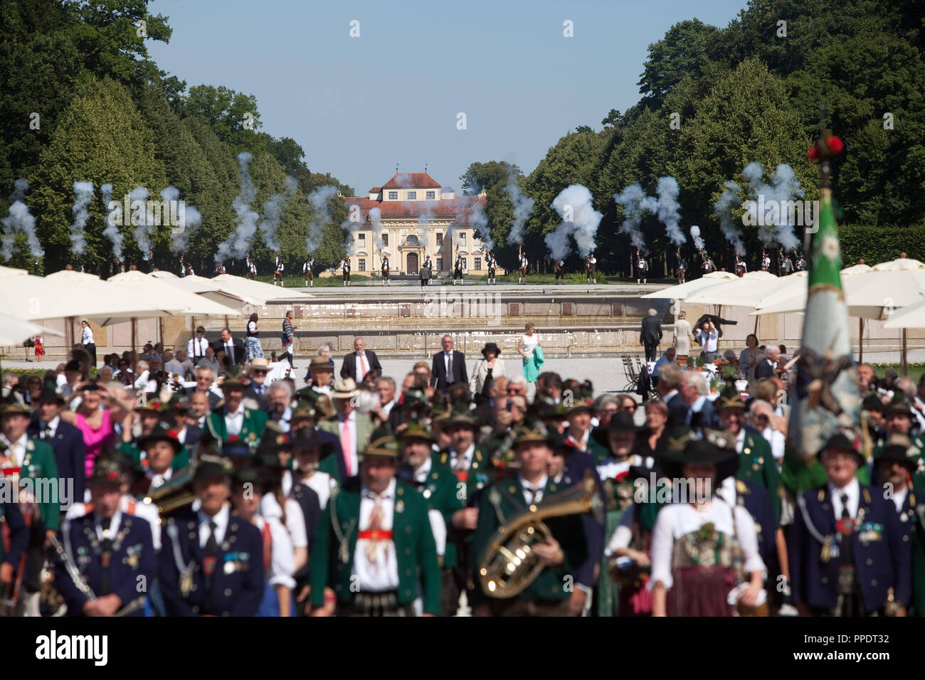 Gun salute at the reception of His Royal Highness Franz Duke of Bavaria on the occasion of his 80th birthday in Schleissheim Palace. Stock Photo