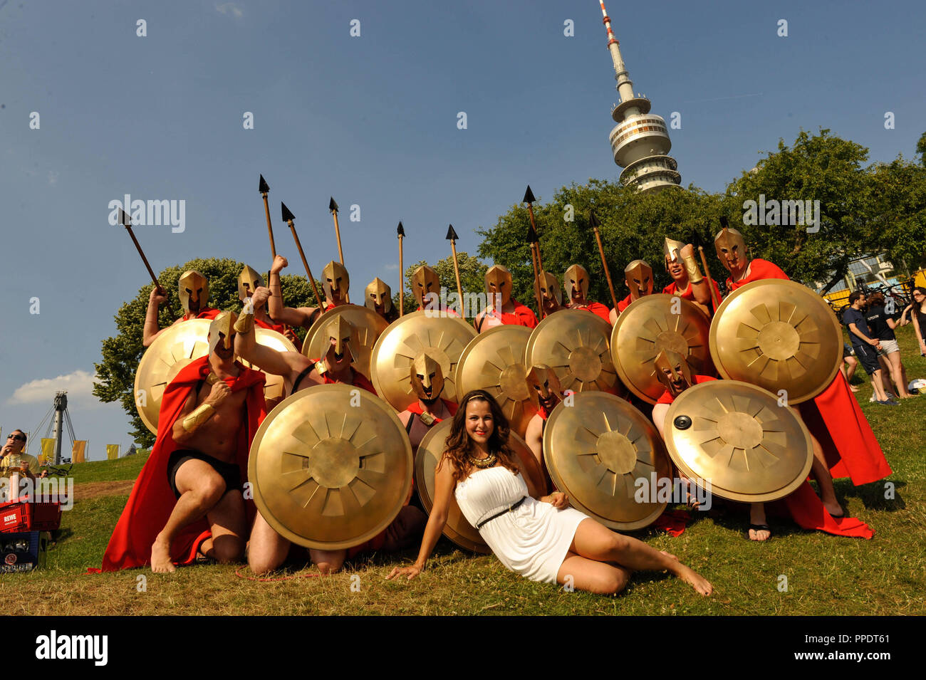 Roman legionaries at the dragon boat race of the TU Munich on the Olympic Lake. Stock Photo