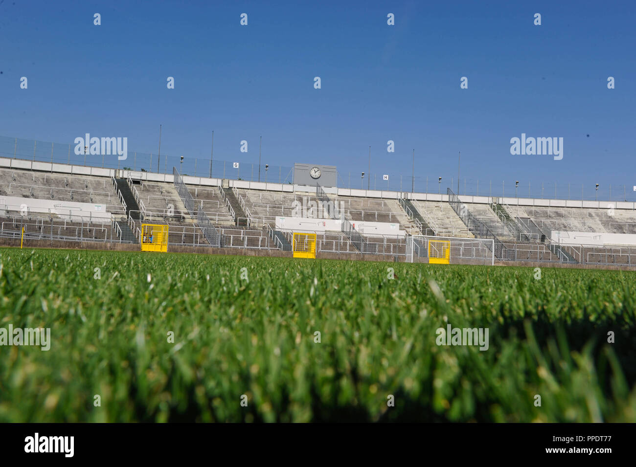 The renovation of the Staedtisches Stadion an der Gruenwalder Strasse ('60er Stadion') in Giesing is almost finished. The picture shows the pitch. Stock Photo