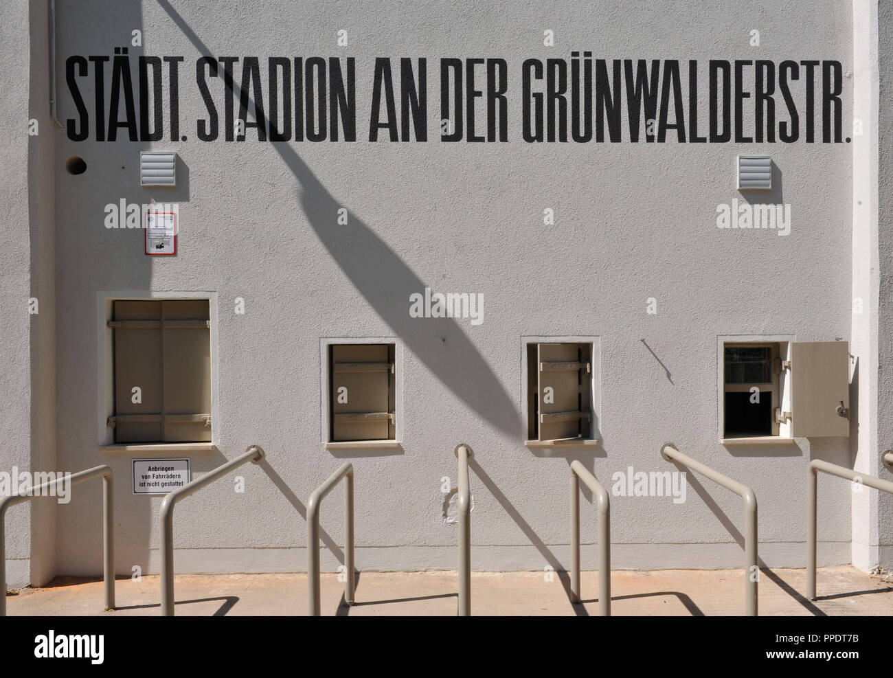 The renovation of the Staedtisches Stadion an der Gruenwalder Strasse ('60er Stadion') in Giesing is almost finished. The picture shows the ticket offices of the stadium. Stock Photo