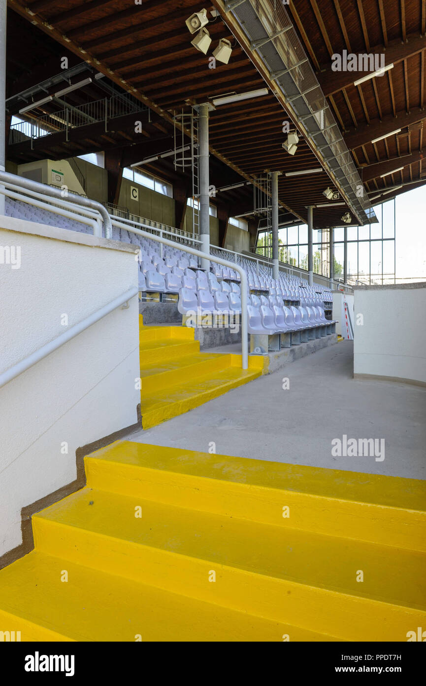 The renovation of the Staedtisches Stadion an der Gruenwalder Strasse ('60er Stadion') in Giesing is almost finished. The picture shows the main stand. Stock Photo