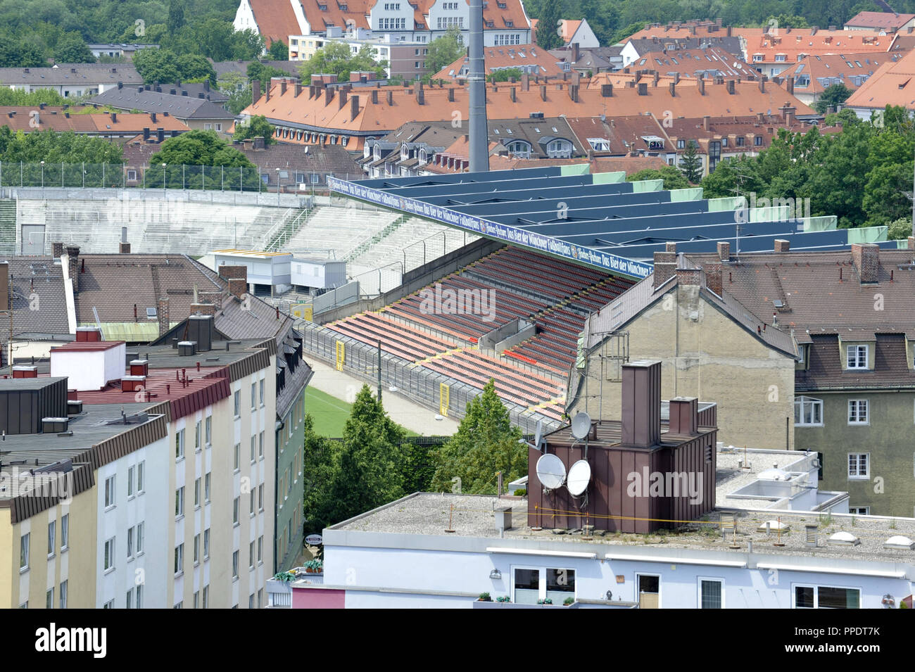 View of the Staedtisches Stadion an der Gruenwalder Strasse ('60er Stadion') in the Giesing district of Munich. Stock Photo