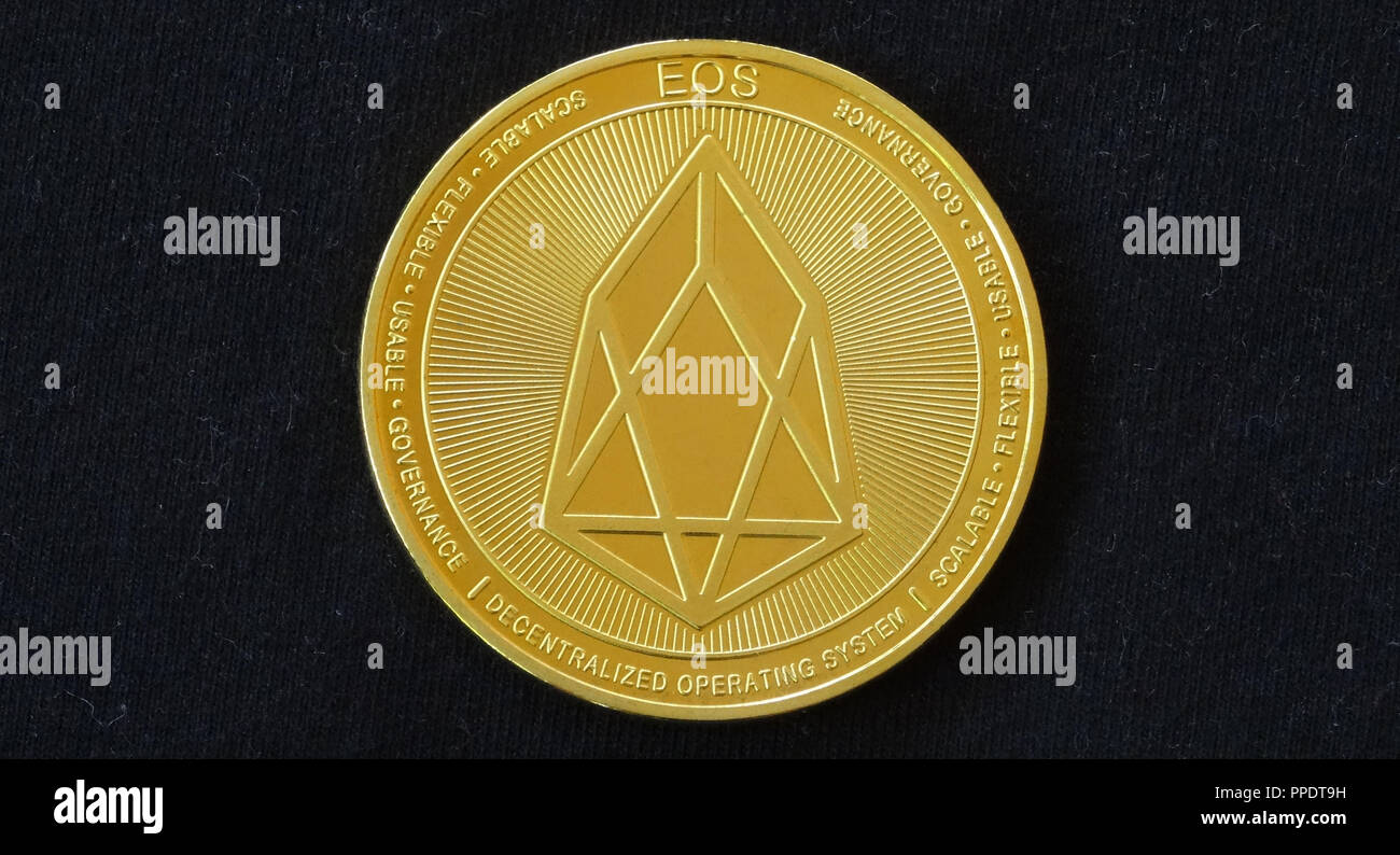 EOS, crypto currency coins, blockchain digital money Stock Photo