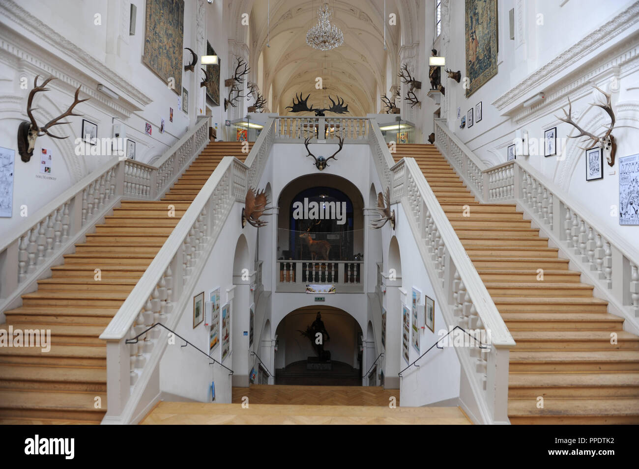 Staircase in the Jagd- und Fischereimuseum (Hunting and Fishing Museum) in the former Augustinerkirche in the center of Munich. Stock Photo