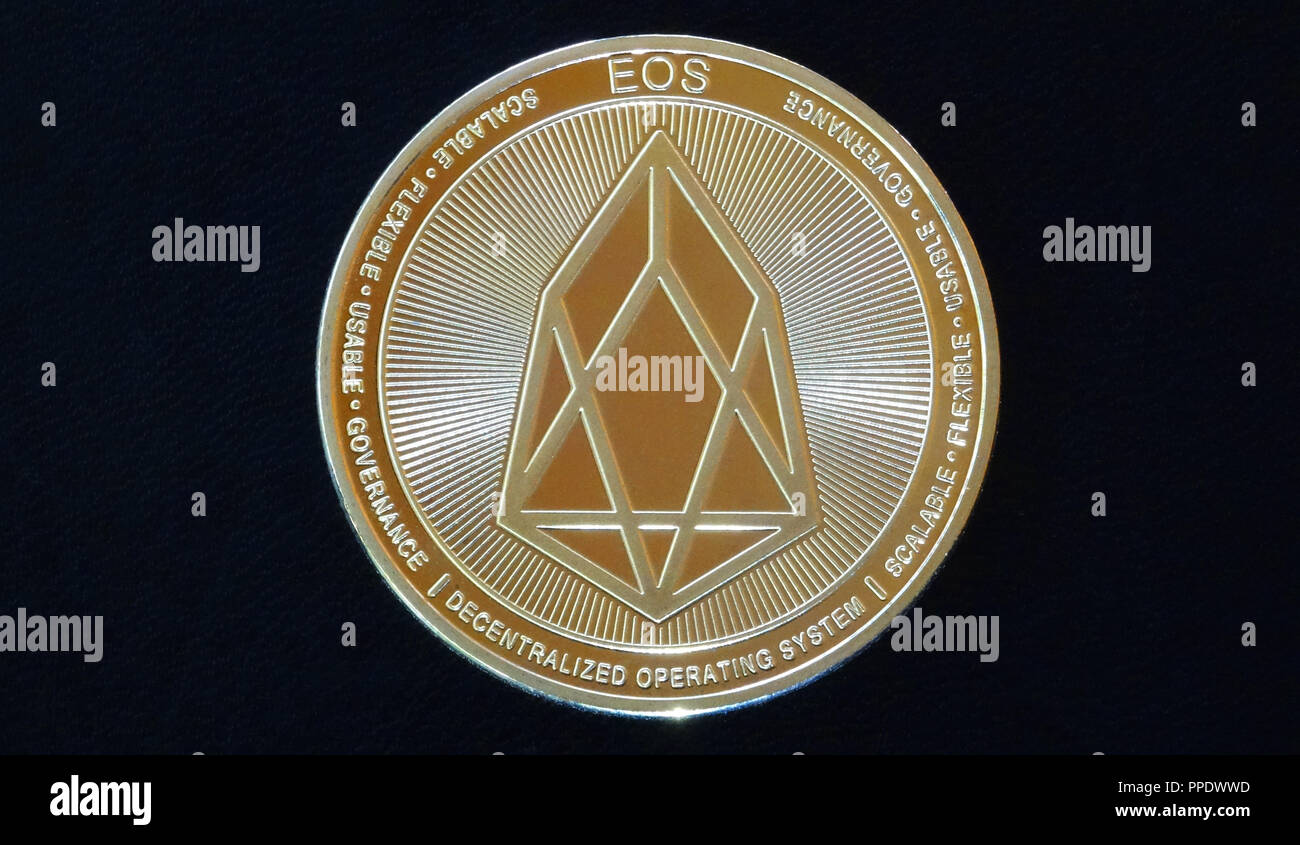 EOS, crypto currency coins, blockchain digital money Stock Photo