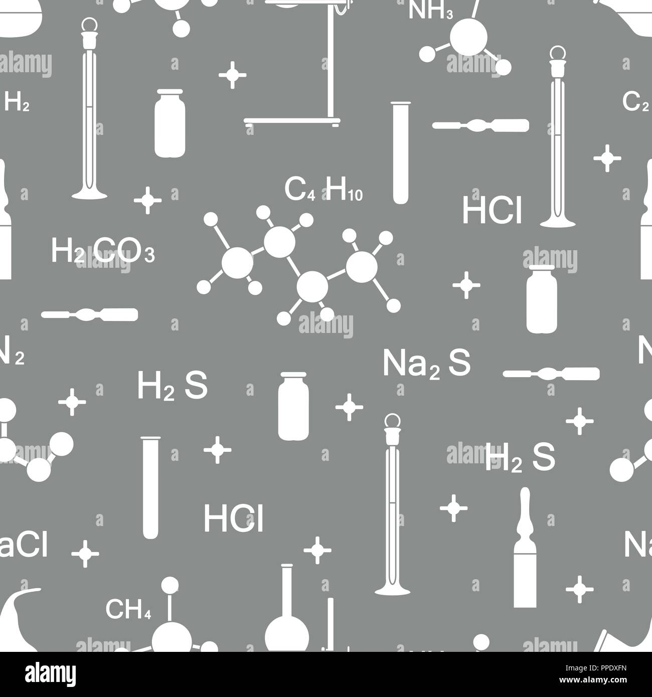 Scientific vector seamless pattern with flasks, test tubes, beakers ...