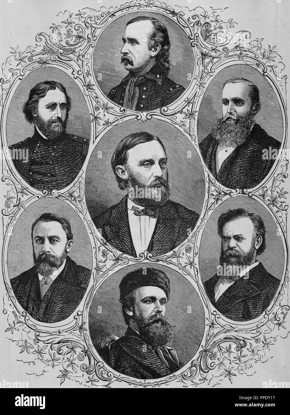 Engraved portraits of the American explorers and artists, George Armstrong Custer, John C. Fremont, George Wheeler, Ferdinand Vandeveer Hayden, John Wesley Powell, and Thomas Moran, from the book 'The Pacific tourist', 1877. Courtesy Internet Archive. () Stock Photo