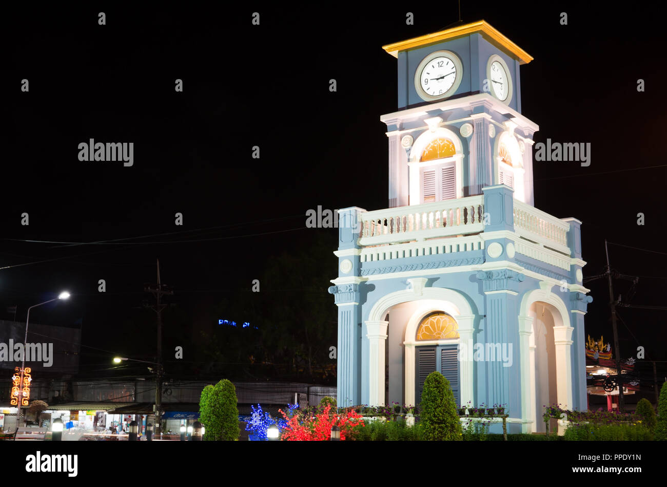 Surin Circle was located in the center of the Phuket town, it's a roundabout of the main road of Phuket town, with a historical clock tower at center  Stock Photo
