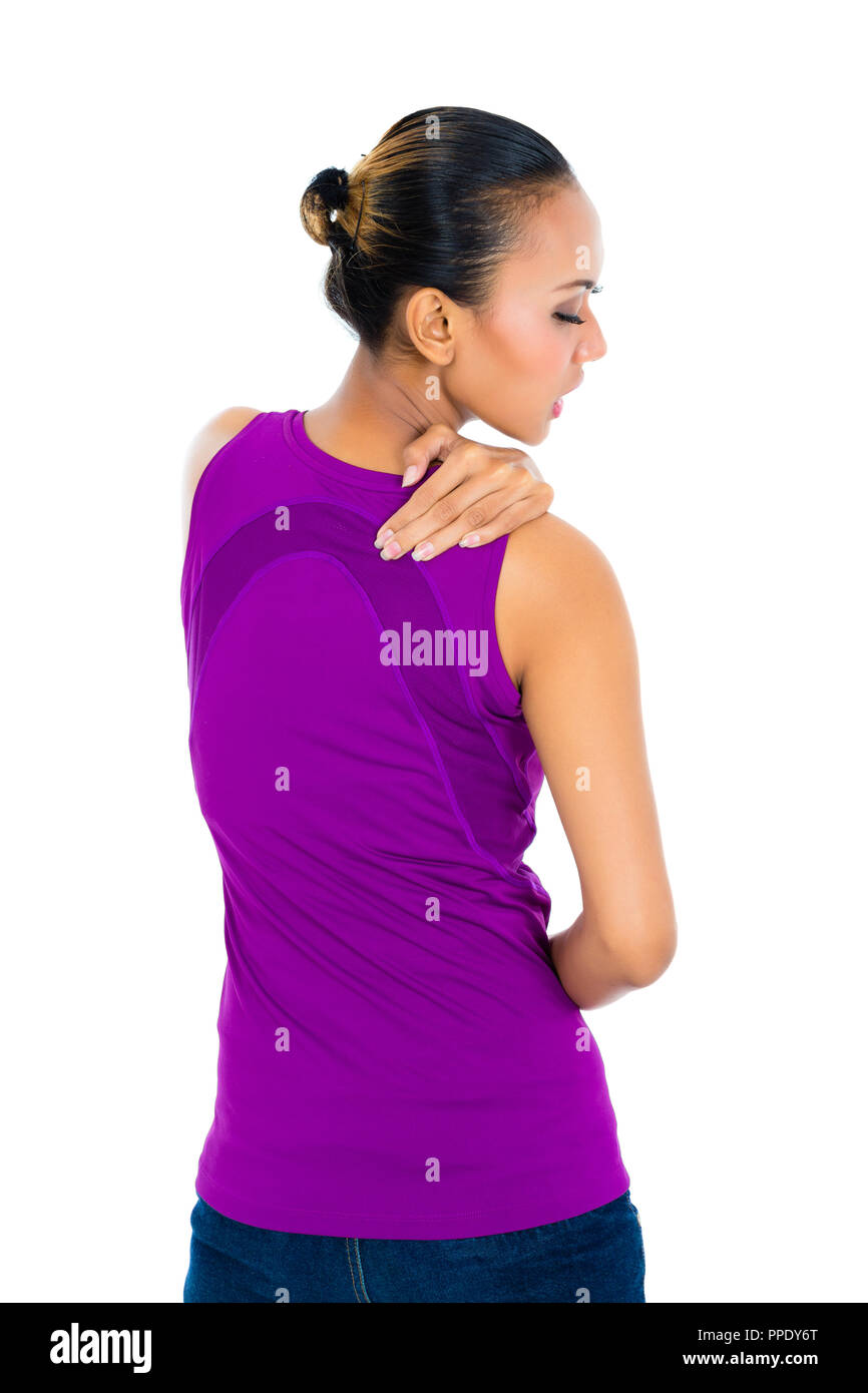 Woman rubbing aching back Stock Photo Alamy
