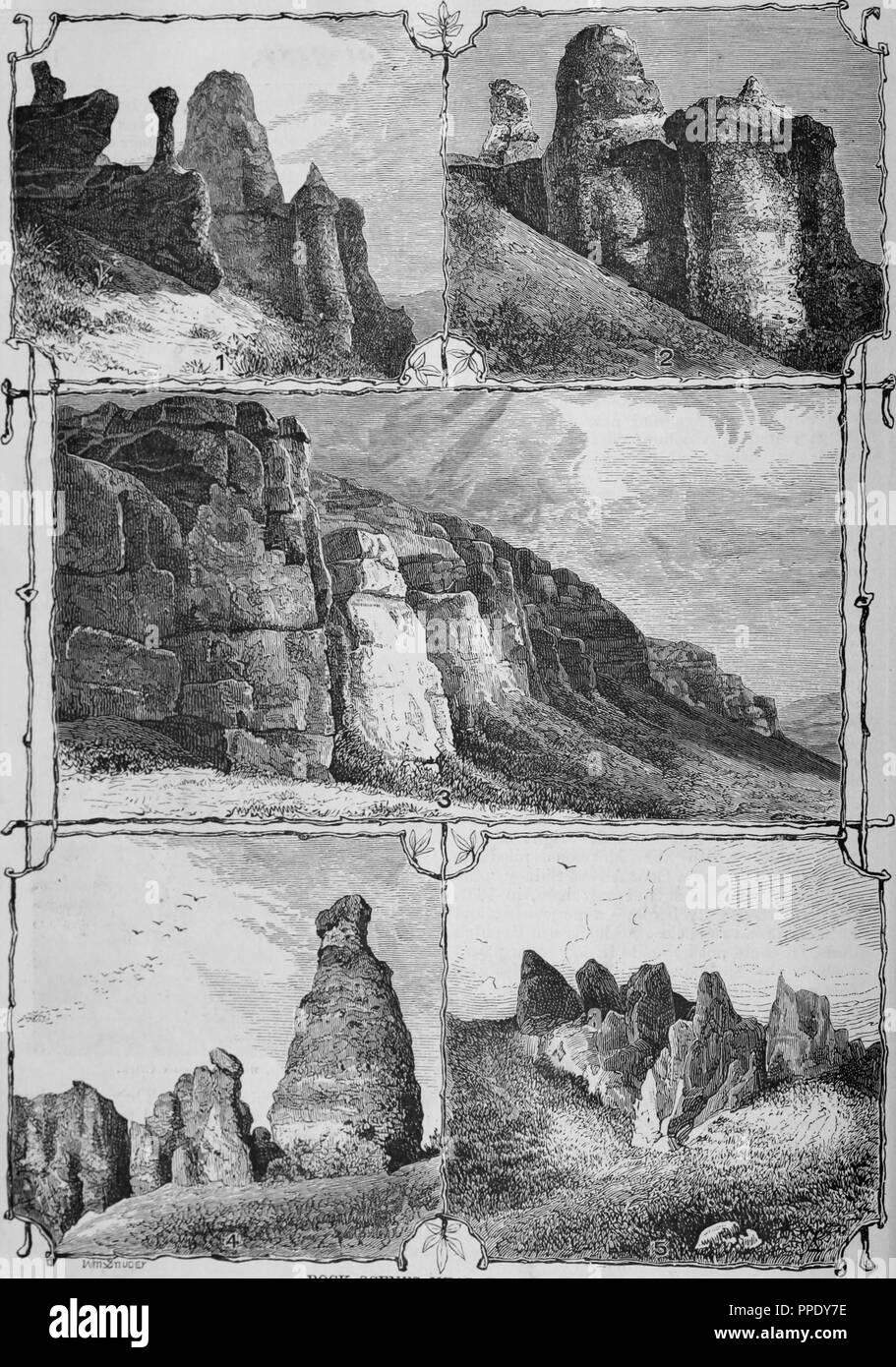 Engravings of the rock scenery near Echo City, Witches Rocks, Battlement Rocks, Egyptian Tombs, Witches Bottles, and Needle Rocks, from the book 'The Pacific tourist', 1877. Courtesy Internet Archive. () Stock Photo