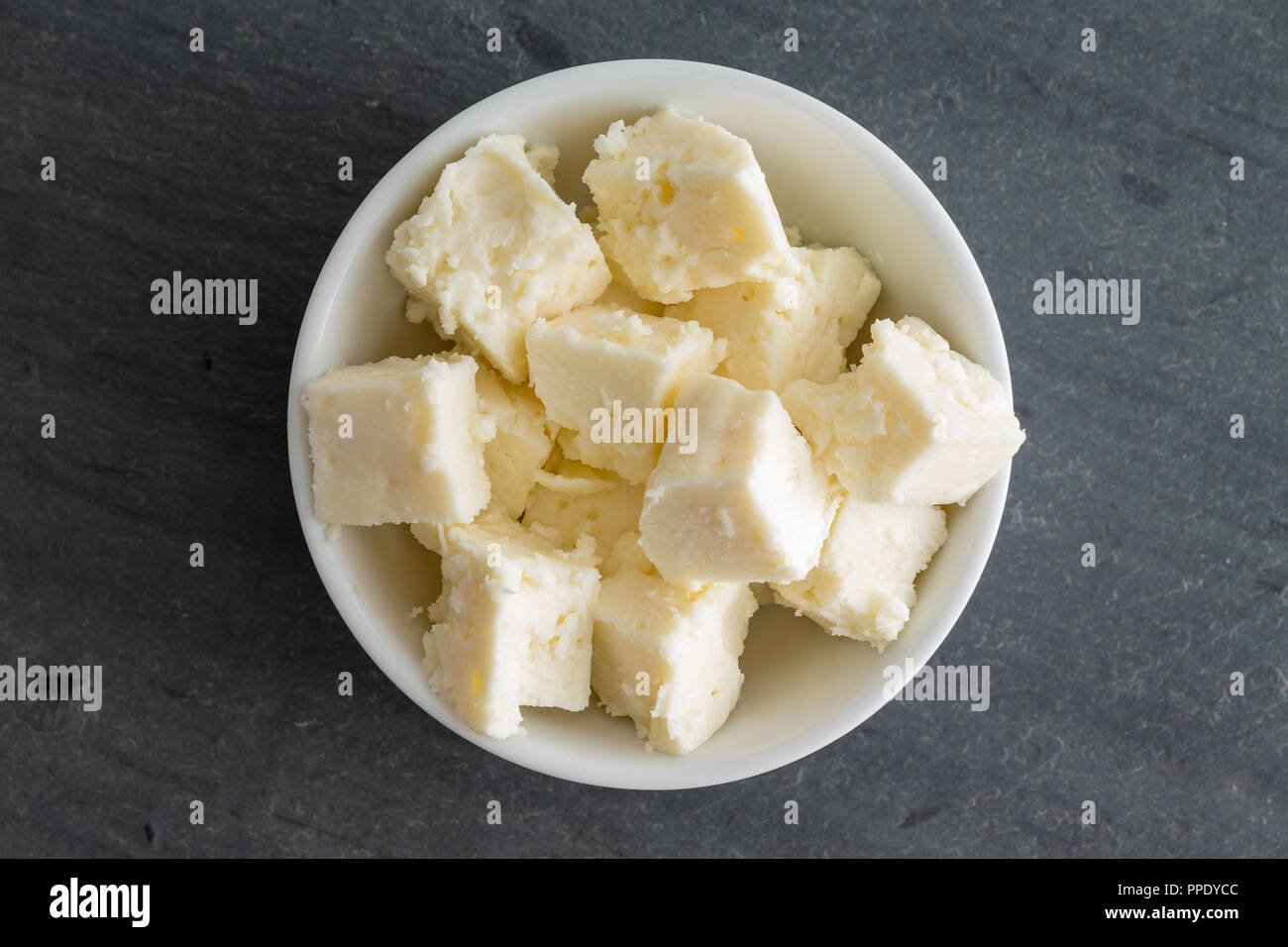 Bowl of creamy crumbly traditional Feta cheese made with sheep and