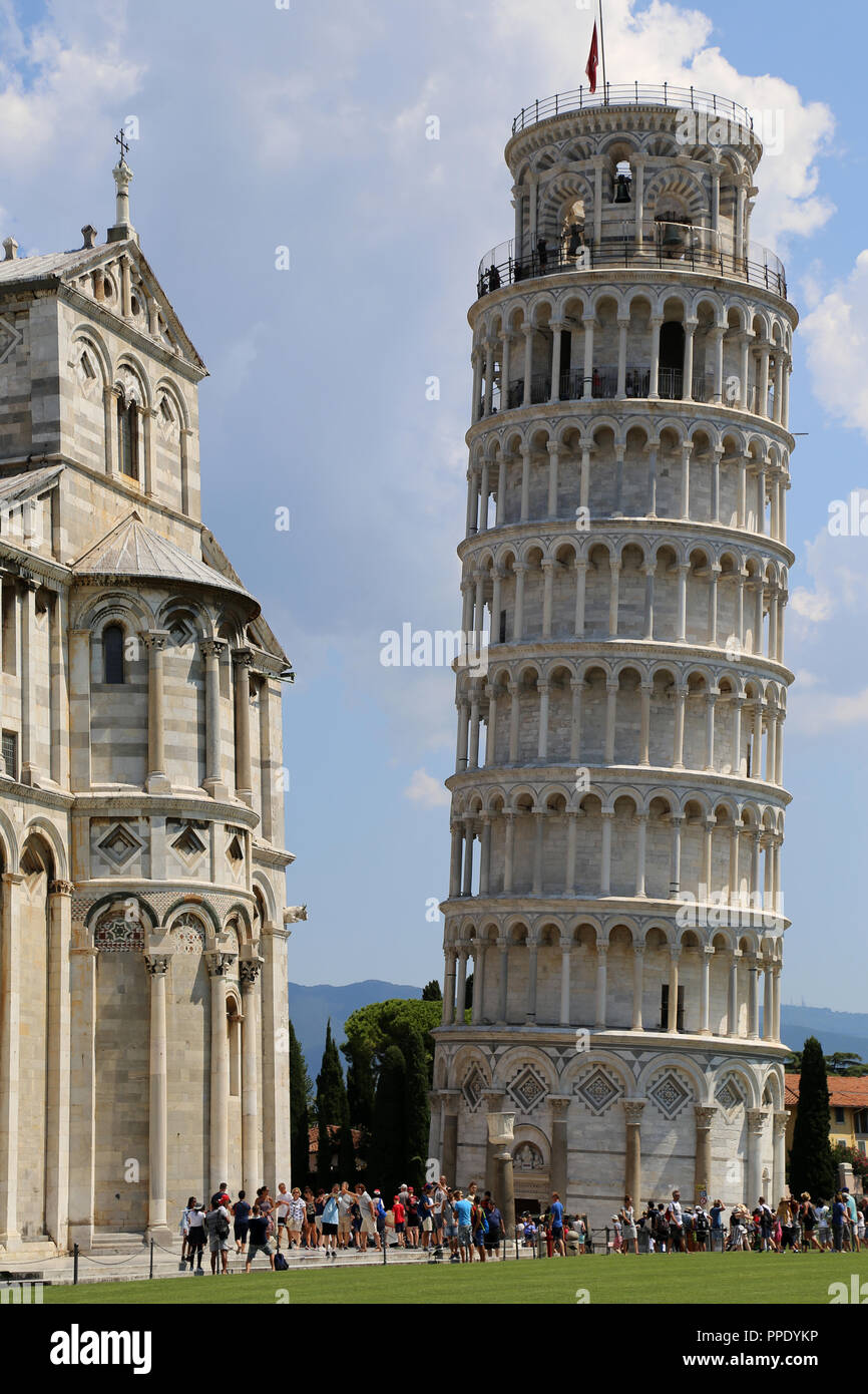 Italy. Pisa. Leaning Tower of Pisa. View looking up. 12th century.  Tuscany region. Stock Photo