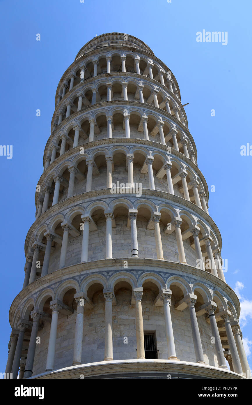 Italy. Pisa. Leaning Tower of Pisa. View looking up. 12th century.  Tuscany region. Stock Photo