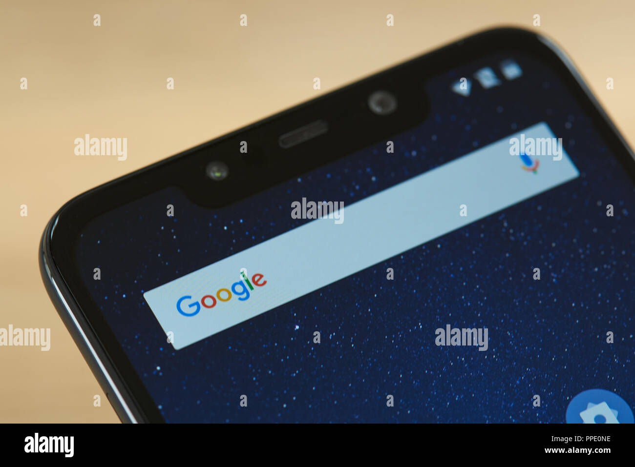 New york, USA - september 24, 2018: Google search bar on smartphone screen close up Stock Photo